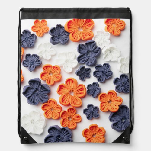 Spring handmade sewn fabric flowers orange blue  drawstring bag
