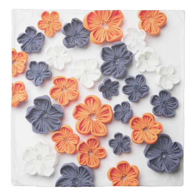 Spring handmade sewn fabric flowers orange blue  duvet cover (Front)