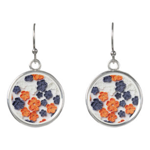 Spring handmade sewn fabric flowers orange blue  earrings
