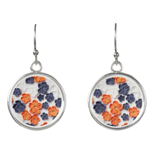 Spring handmade sewn fabric flowers orange blue  earrings (Front)