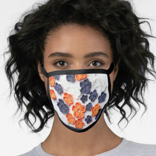 Spring handmade sewn fabric flowers orange blue  face mask