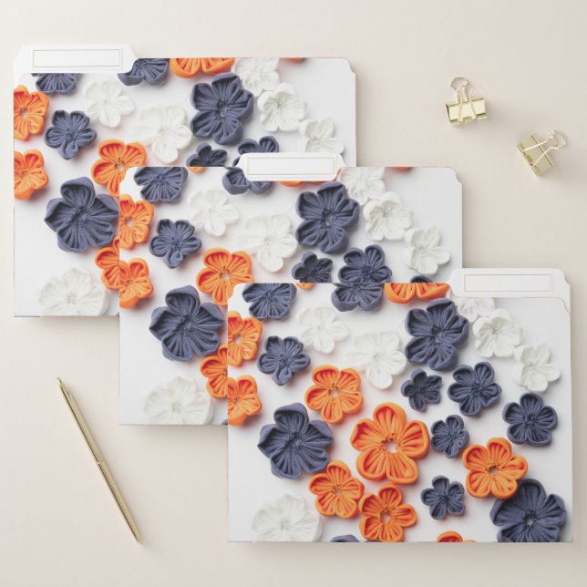 Spring handmade sewn fabric flowers orange blue  file folder (Set)