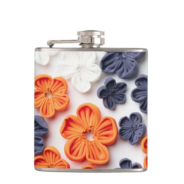 Spring handmade sewn fabric flowers orange blue  flask (Front)