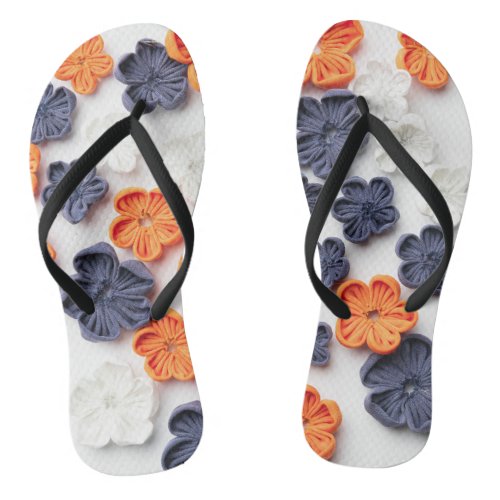 Spring handmade sewn fabric flowers orange blue  flip flops