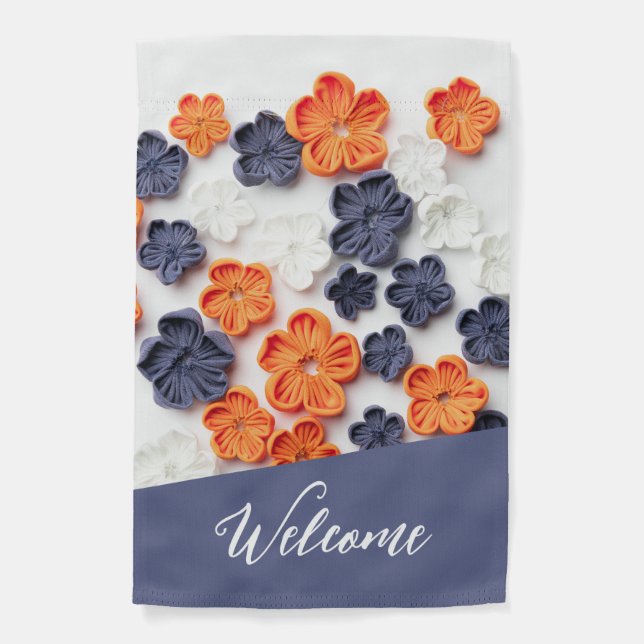 Spring handmade sewn fabric flowers orange blue  garden flag (Front)