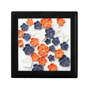 Spring handmade sewn fabric flowers orange blue gift box