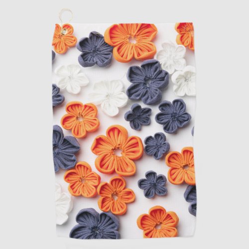 Spring handmade sewn fabric flowers orange blue  golf towel