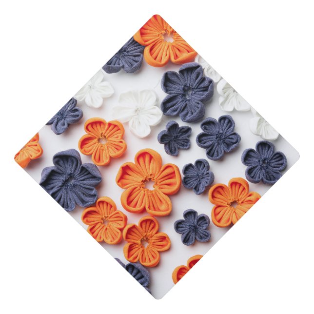 Spring handmade sewn fabric flowers orange blue  graduation cap topper (Front)