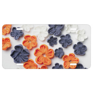 Spring handmade sewn fabric flowers orange blue license plate
