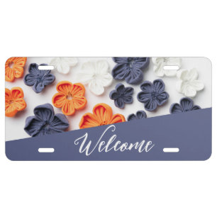 Spring handmade sewn fabric flowers orange blue license plate