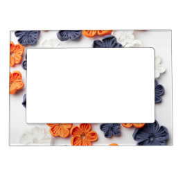 Spring handmade sewn fabric flowers orange blue magnetic frame