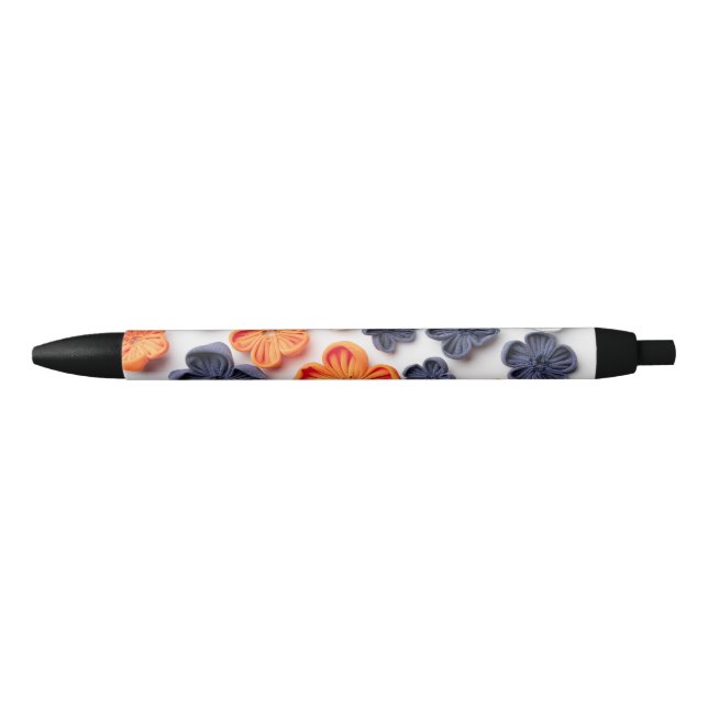 Spring handmade sewn fabric flowers orange blue  pen (Front)