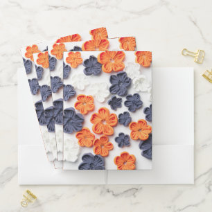 Spring handmade sewn fabric flowers orange blue pocket folder
