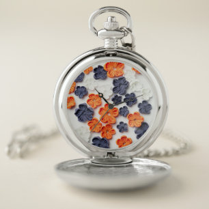 Spring handmade sewn fabric flowers orange blue  pocket watch