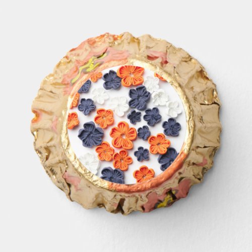 Spring handmade sewn fabric flowers orange blue  reeses peanut butter cups
