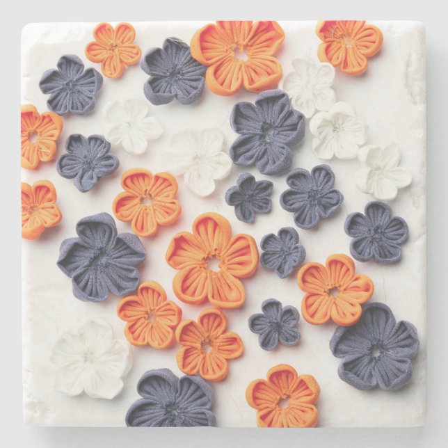 Spring handmade sewn fabric flowers orange blue  stone coaster (Front)