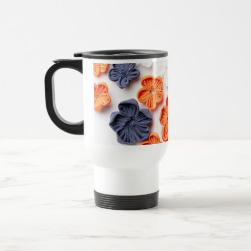 Spring handmade sewn fabric flowers orange blue  travel mug
