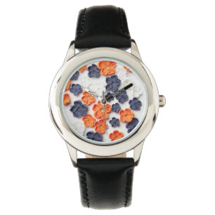 Spring handmade sewn fabric flowers orange blue  watch