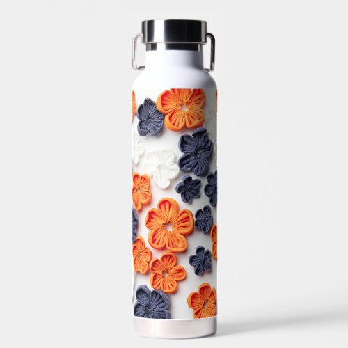 Spring handmade sewn fabric flowers orange blue  water bottle