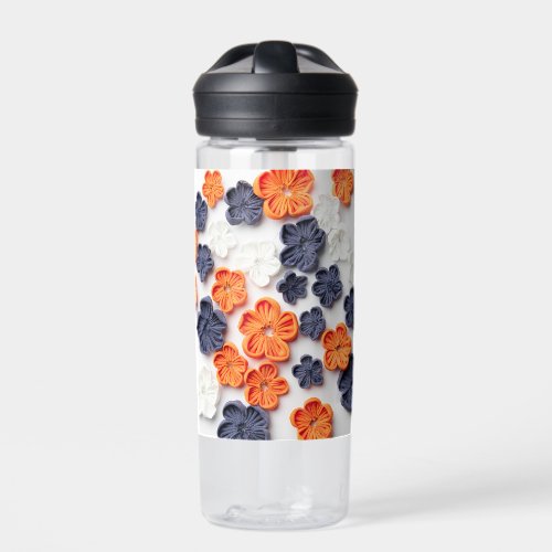 Spring handmade sewn fabric flowers orange blue  water bottle