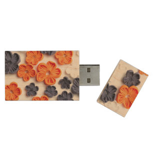Spring handmade sewn fabric flowers orange blue wood flash drive