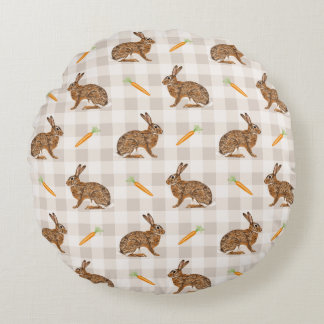 Spring Hare And Carrot Rustic Beige Gingham Easter Round Pillow