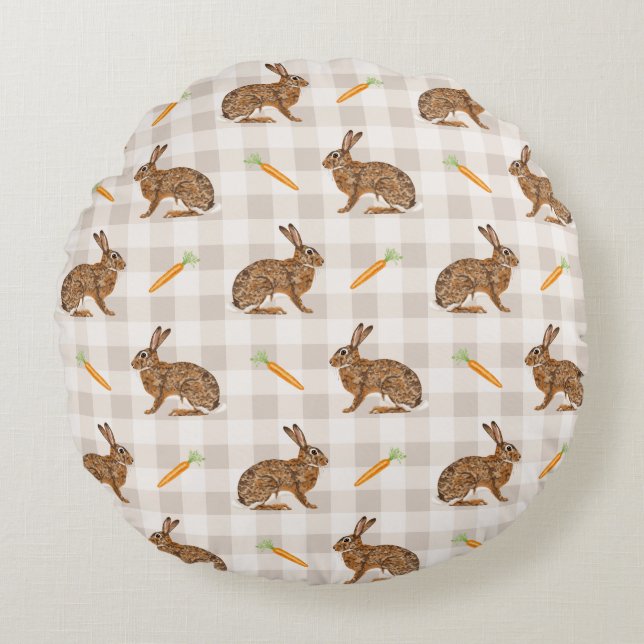 Spring Hare And Carrot Rustic Beige Gingham Easter Round Pillow (Front)