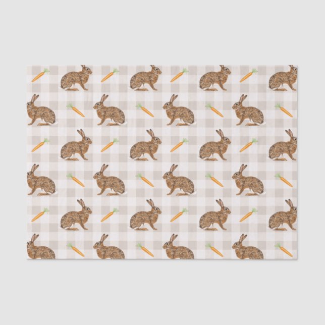 Spring Hare And Carrots Beige Gingham Easter Tissue Paper (Front)