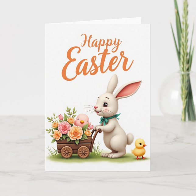 Spring Hare Flower Wagon Card (Front)