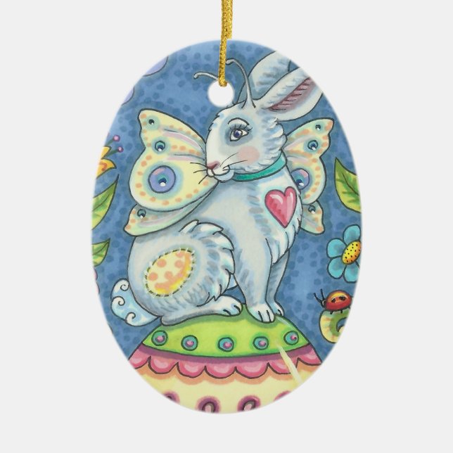 SPRING HARE, HAPPY EASTER EGG RABBIT FAIRY CERAMIC ORNAMENT (Front)