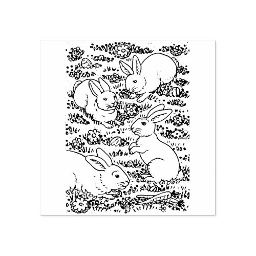 SPRING HARES EASTER EGGS BUNNIES IN MEADOW Cute Rubber Stamp