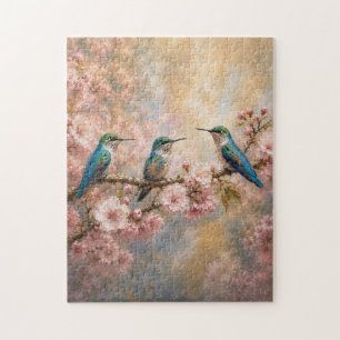 Spring Harmony, Hummingbirds Among Cherry Blossoms Jigsaw Puzzle
