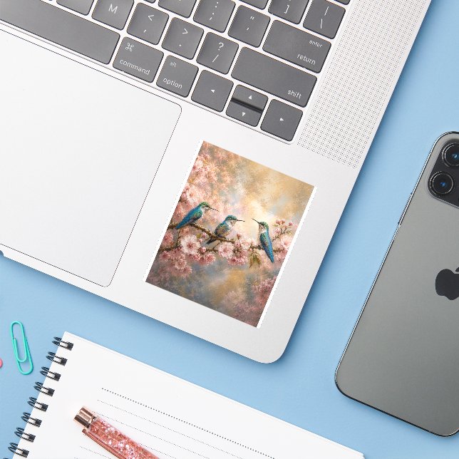 Spring Harmony, Hummingbirds Among Cherry Blossoms Sticker (Laptop w/ iPhone)