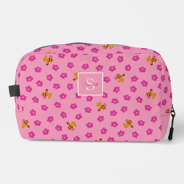 Spring Honey Bee &  Floral Blush Pink Monogram Dopp Kit (Front)