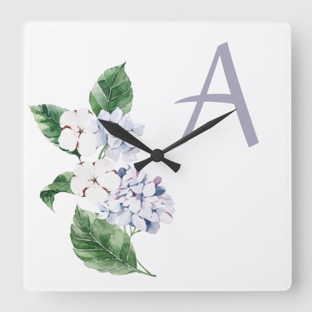 Spring HYRDANGEA with letter customisable Square Wall Clock (Front)