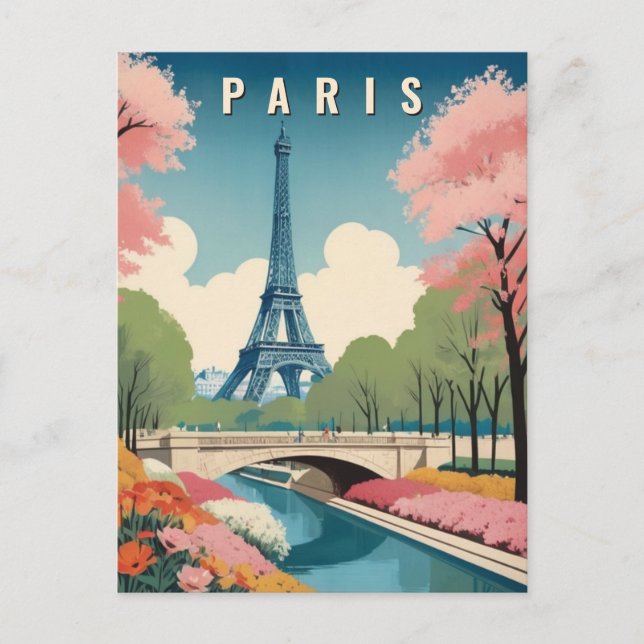 Spring in Paris France Eiffel Tower Retro Travel Postcard (Front)