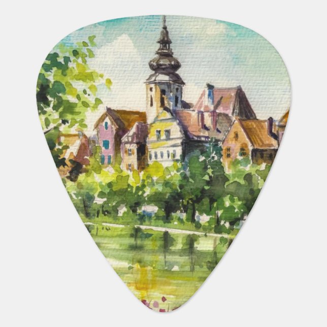 Spring in small city on the river guitar pick (Front)