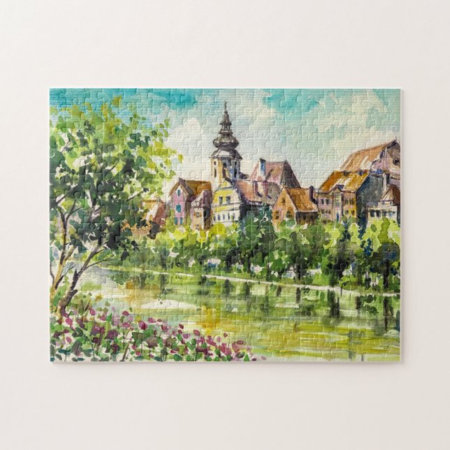 Spring in small city on the river jigsaw puzzle (Horizontal)