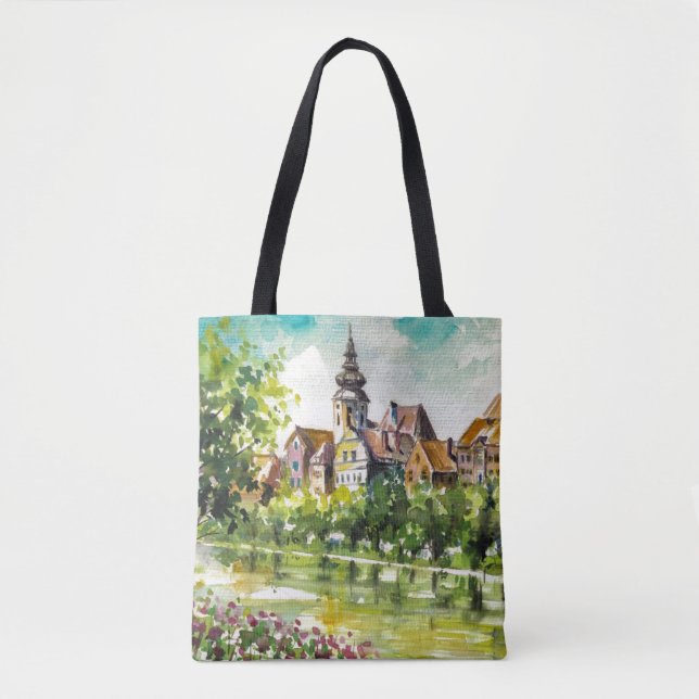 Spring in small city on the river tote bag (Front)