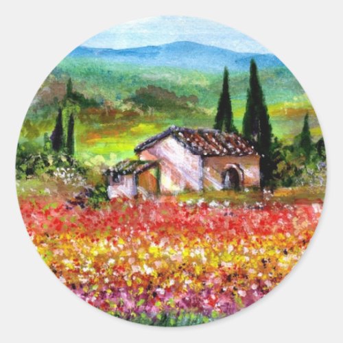 SPRING  IN TUSCANY  COLORFUL FLOWER FIELDS CLASSIC ROUND STICKER