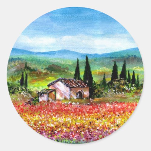 SPRING  IN TUSCANY COLORFUL FLOWER FIELDS FLORA CLASSIC ROUND STICKER