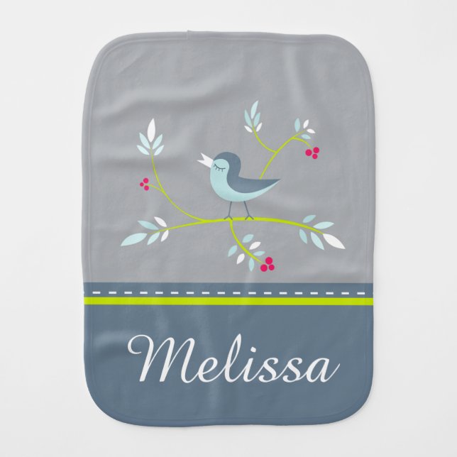 Spring Inspired Floral Bird Custom Name Design Burp Cloth (Front)