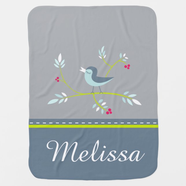 Spring Inspired Floral Bird Custom Name Design Swaddle Blanket (Front)