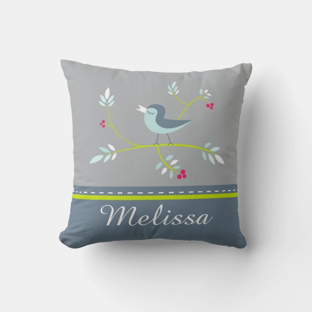 Spring Inspired Floral Bird Custom Name Design Throw Pillow (Front)