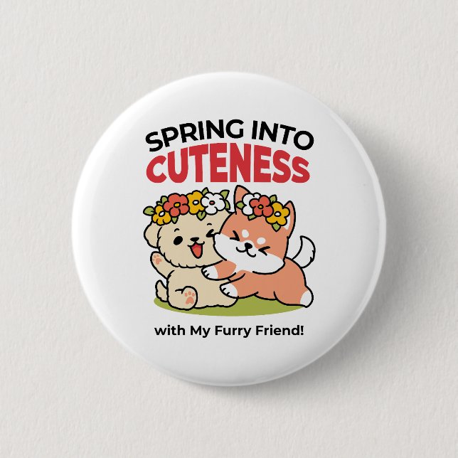 Spring Into Cuteness – Adorable Dog Illustration  Button (Front)