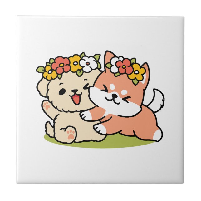 Spring Into Cuteness – Adorable Dog Illustration  Ceramic Tile (Front)