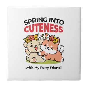 Spring Into Cuteness – Adorable Dog Illustration Ceramic Tile