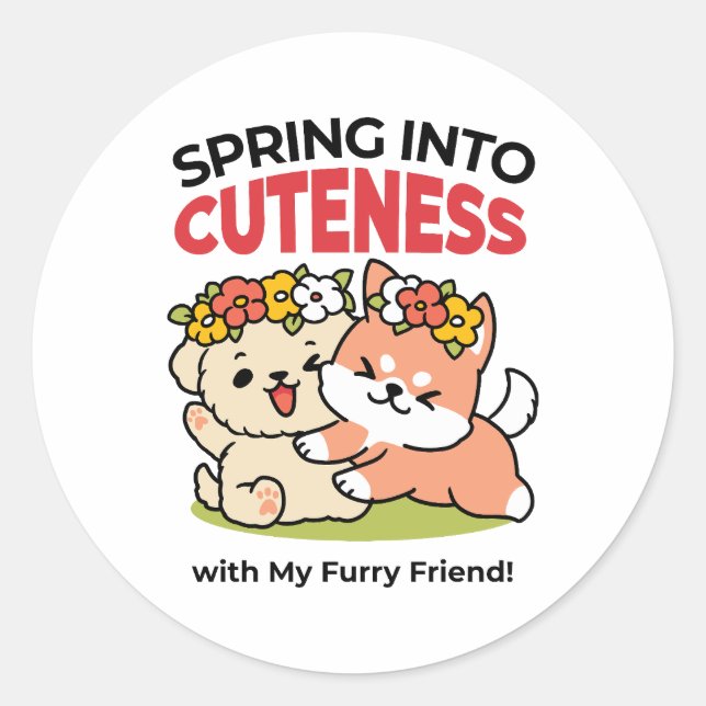 Spring Into Cuteness – Adorable Dog Illustration  Classic Round Sticker (Front)