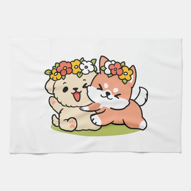 Spring Into Cuteness – Adorable Dog Illustration  Kitchen Towel (Horizontal)
