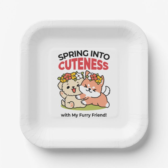 Spring Into Cuteness – Adorable Dog Illustration  Paper Plates (Front)